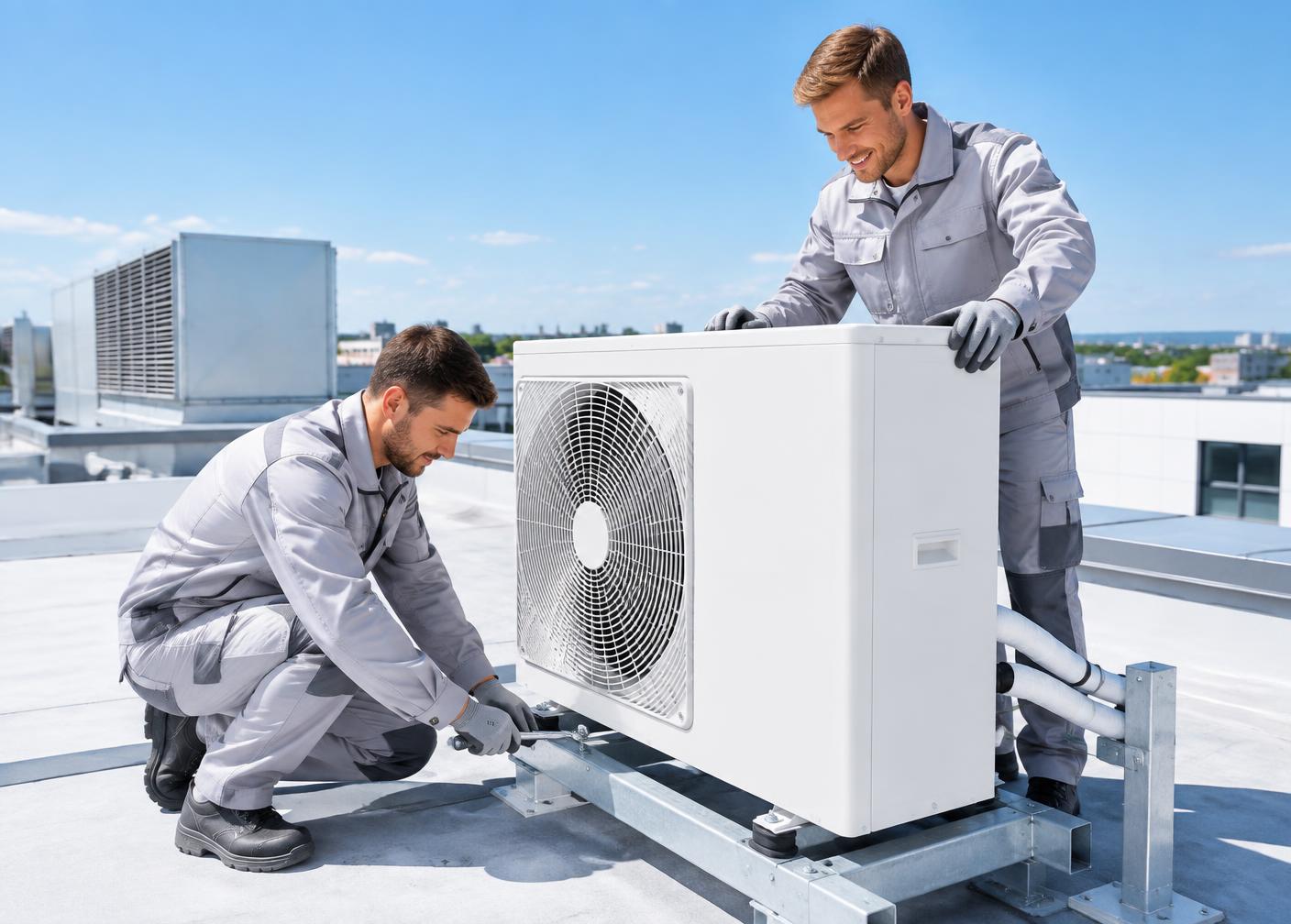 Twee installateurs plaatsen een warmtepomp op een dak