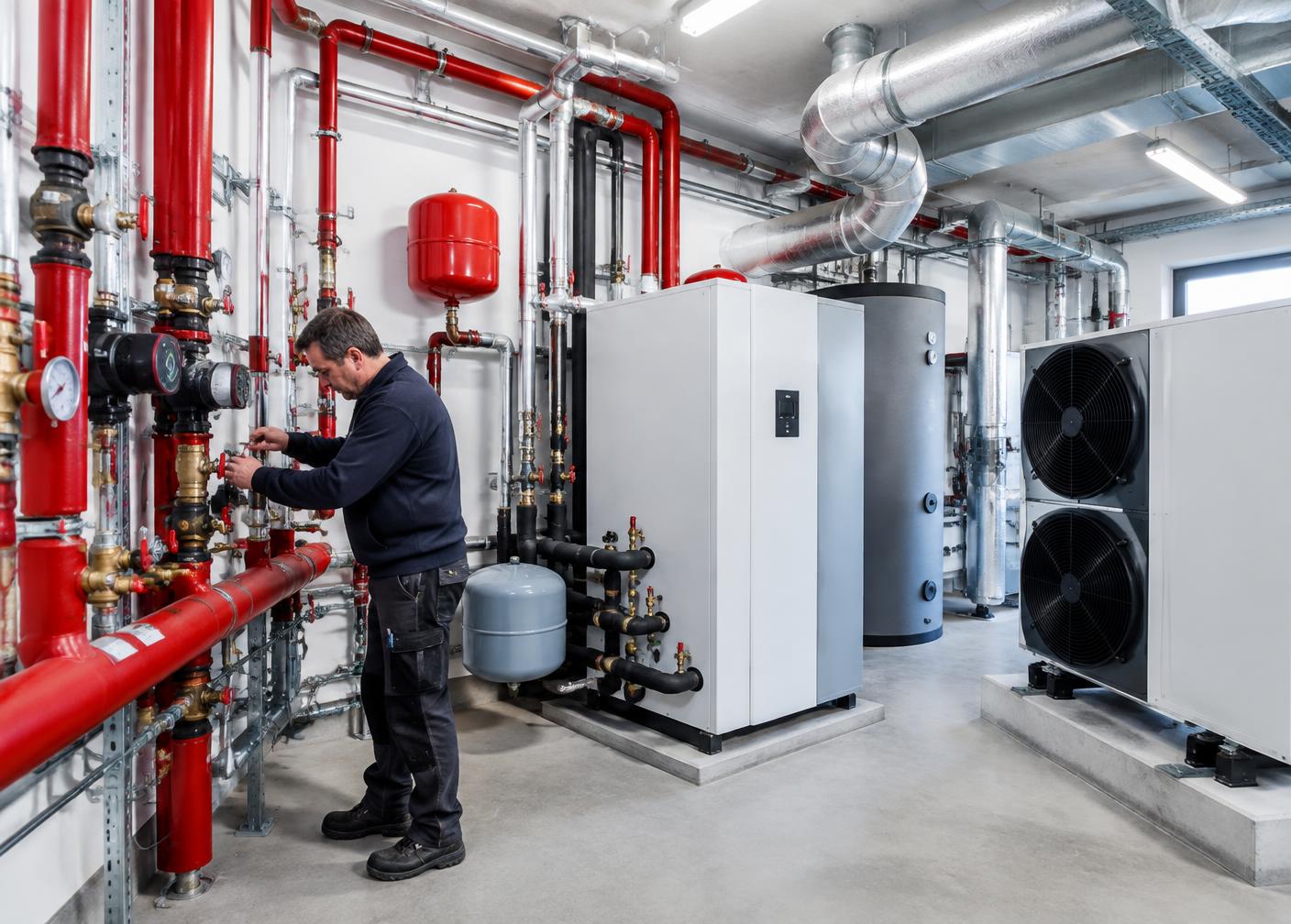 Technische ruimte met leidingen en warmtepomp